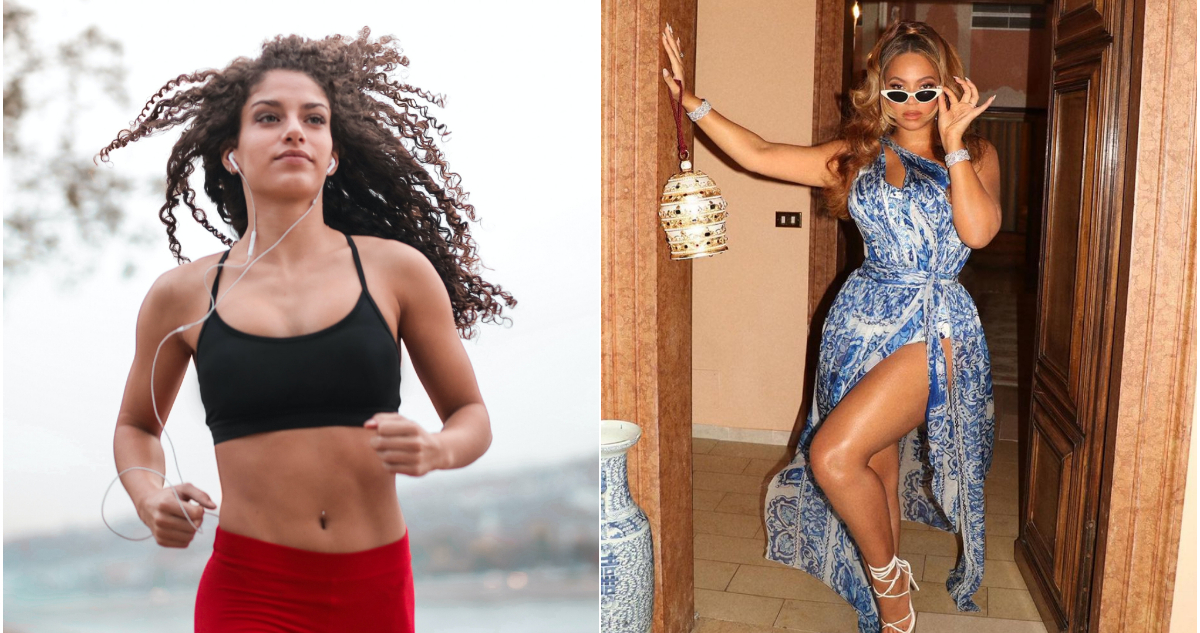 En la imagen, una chica corre mientras escucha música con sus audífonos y a su lado una fotografía de Beyoncé.