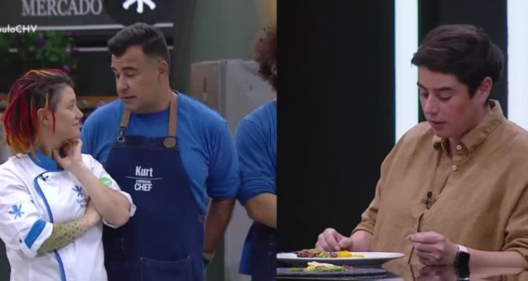 En la imagen se ve a Kurt Carrera hablando con Carolina Bazán, mientras que en la otra imagen se ve a la novia de esta disgustada por el plato.