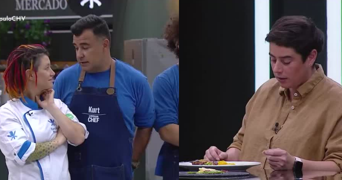 En la imagen se ve a Kurt Carrera hablando con Carolina Bazán, mientras que en la otra imagen se ve a la novia de esta disgustada por el plato.