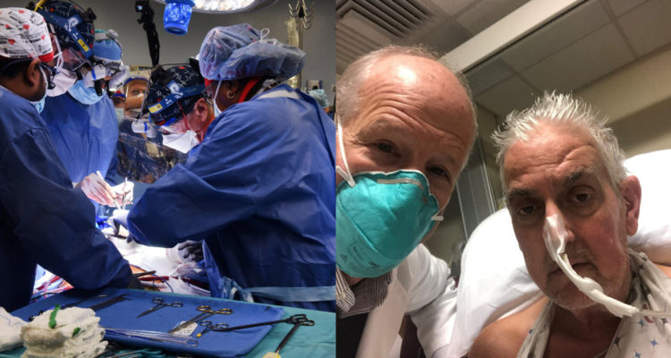 En la imagen, una fotografía durante el trasplante de corazón de cerdo y el hombre que recibió el corazón.