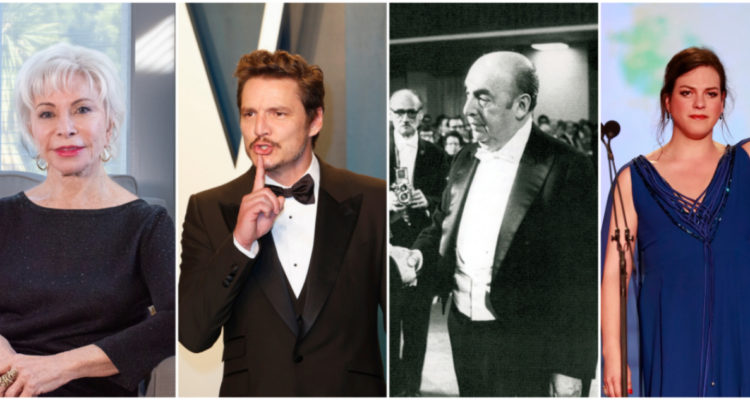 En la imagen hay una foto de los chilenos Isabel Allende, Pedro Pascal, Pablo Neruda y de Daniela Vega.