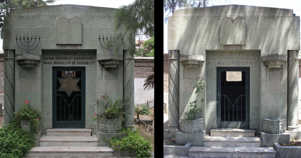 Fachada de l Mausoleo Rosemblitt Waissbluth,antes y después del robo.