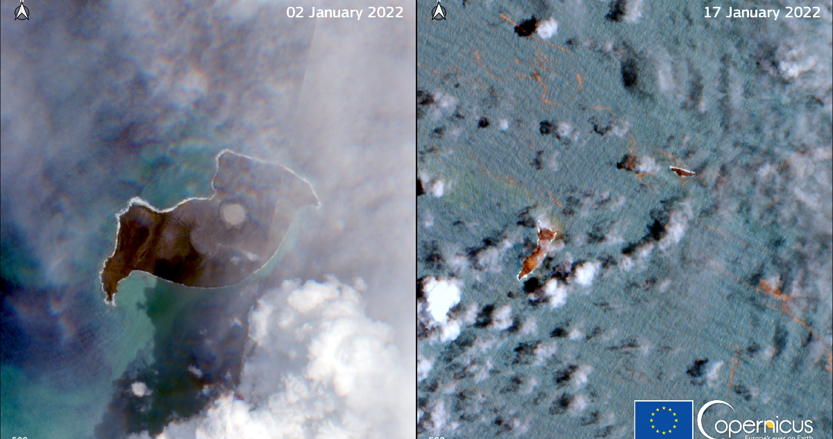 Imagen comparativa de la isla de Tonga que tenía el volcán y cómo quedó con solo dos pequeños espacios de tierra en la superficie marina.