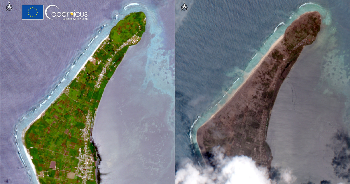 Imagen satelital de una de las islas de Tonga afectadas por el tsunami y erupción volcánica. En la primera se ve a la isla de color verde brillante mientras que en la segunda se ve totalmente de color café, por las cenizas en la superficie.
