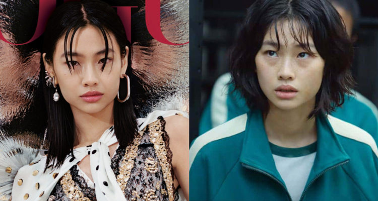 Jung Hoyeon en Vogue (izq) y en Squid Game (der)