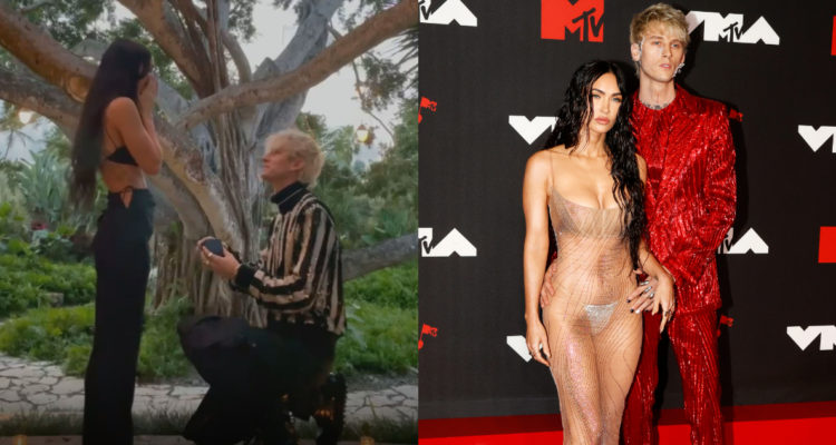En la imagen, una captura del momento en que el músico pide matrimonio a Megan Fox y una foto de la pareja en los MMA