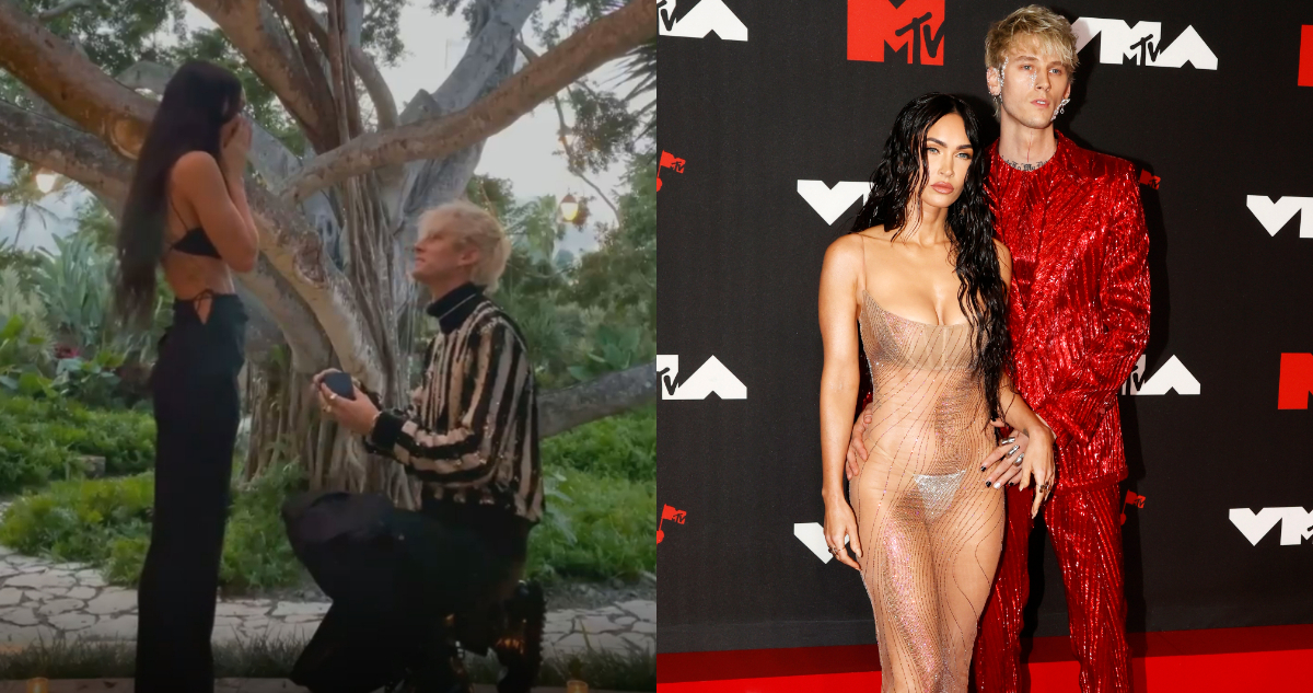 En la imagen, una captura del momento en que el músico pide matrimonio a Megan Fox y una foto de la pareja en los MMA