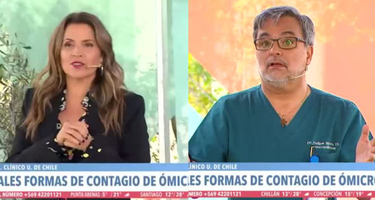 La periodista Monserrat Álvarez y el doctor Rivera con rostros sorprendidos por la alarma de incendio en el matinal Contigo en la Mañana.