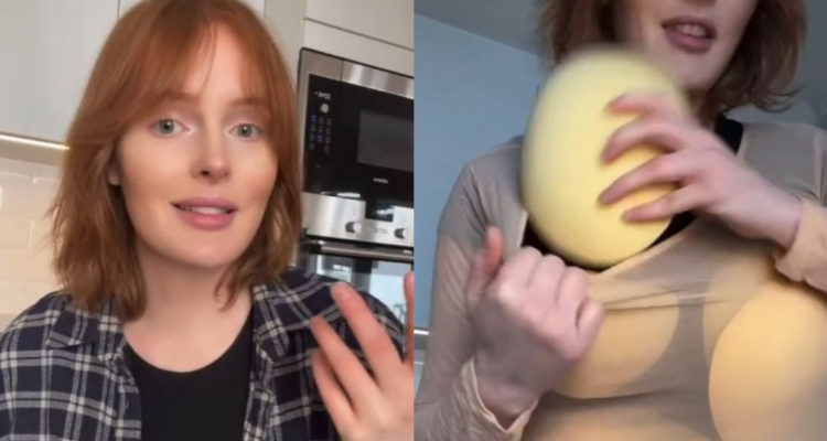 La mujer mostró cómo usa relleno para vestir prendas de talla grande.