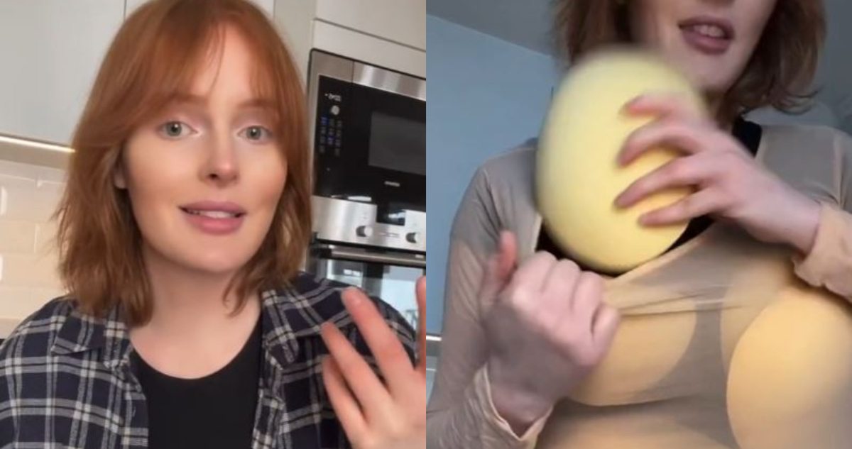 La mujer mostró cómo usa relleno para vestir prendas de talla grande.