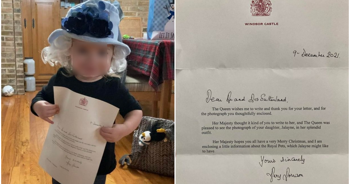 La pequeña usando el sombrero para imitar a la reina junto a la carta que le envió la monarca.
