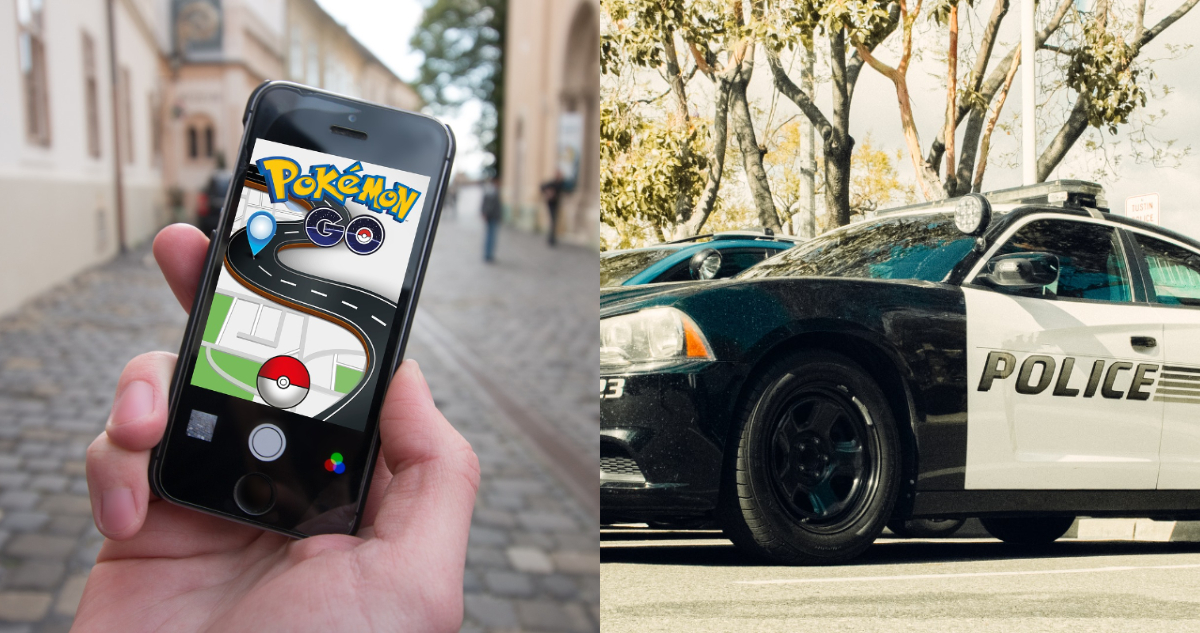Celular con Pokémon Go, auto de policía de Estados Unidos