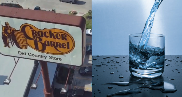 En la imagen, un cartel del restaurante que deberá pagar la indemnización y una foto de un vaso con agua.