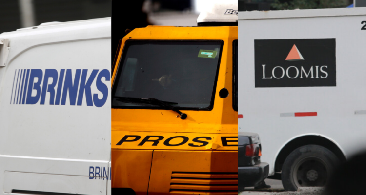 Imágenes de tres camiones de transporte de valores de las empresas Brink’s, Prosegur y Loomis