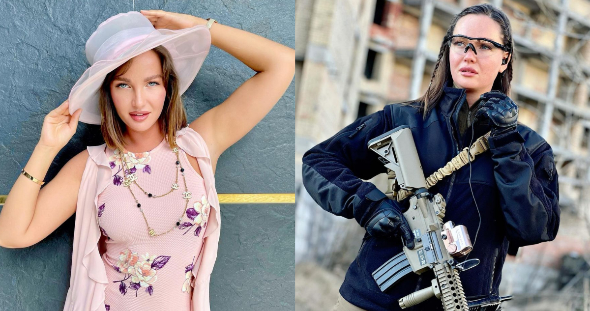 La Miss Ucrania 2015 posando para la cámara y a su lado una foto más reciente usando su arma de airsoft.