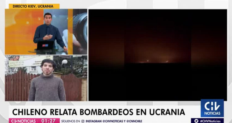 El periodista de Chilevisión hablando con el Chileno alojado en Kiev.