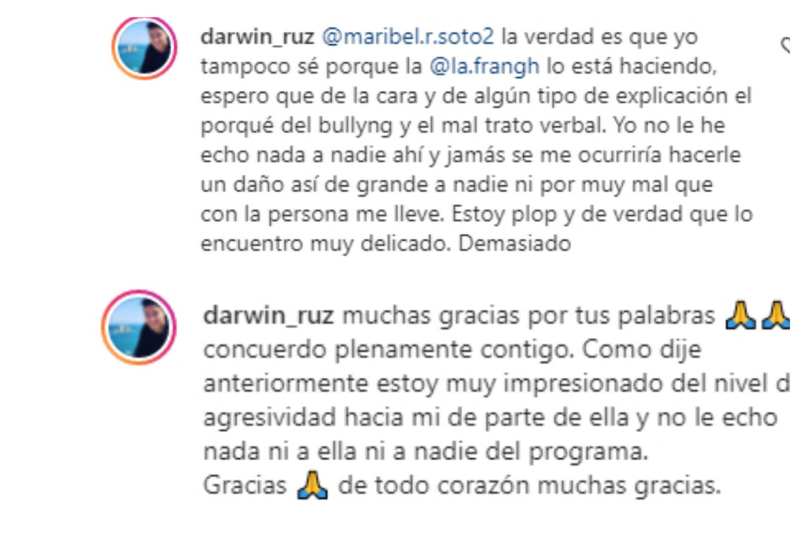 Captura de los comentarios de Darwin Ruz en Instagram
