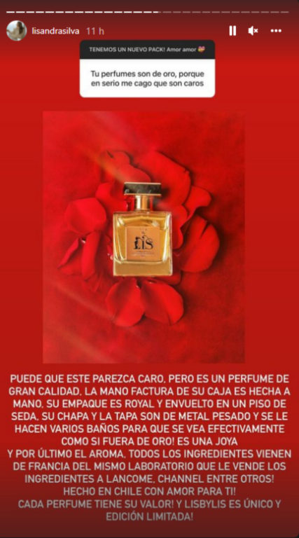Captura de la historia de Instagram donde Lisandra Silva responde a críticas por su perfume.
