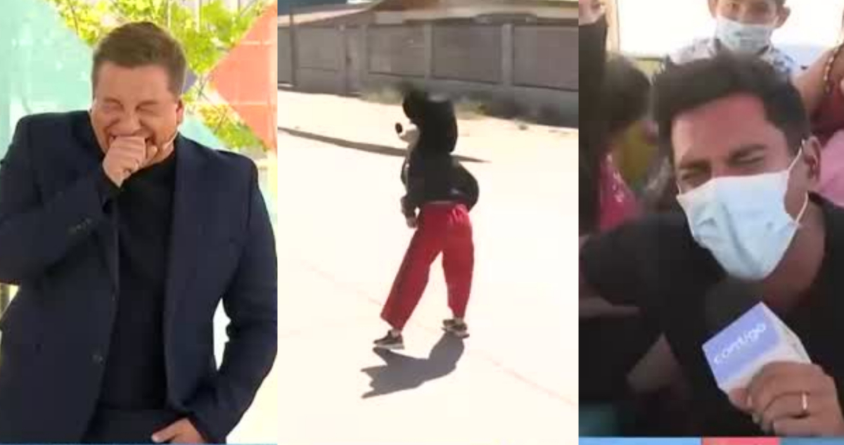 Julio César Rodríguez riendo mientras ve a el corporeo de Mickey Mouse bailando en el despacho de Juan Pablo Queraltó.
