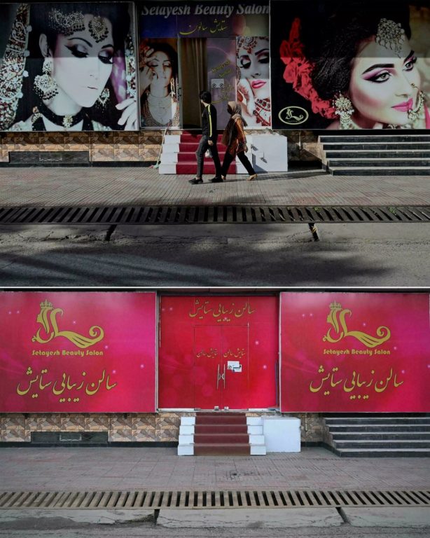 En la imagen superior, una pareja pasa frente a un salón de belleza el 10 de junio de 2021 en una calle de Kabul; en la inferior, el mismo lugar fotografiado el 20 de enero de 2022, tras la toma del poder por los talibanes, en agosto de 2021. 