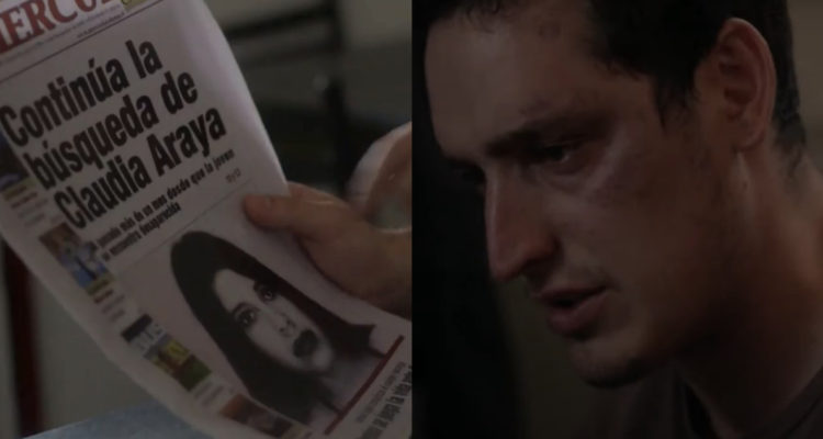 Partes del adelanto del capítulo de El Día Menos Pensado. En una, se ve a una persona sostener un periódico sobre el caso de Catalina Araya, y uno de los culpables del caso con rostro preocupado.