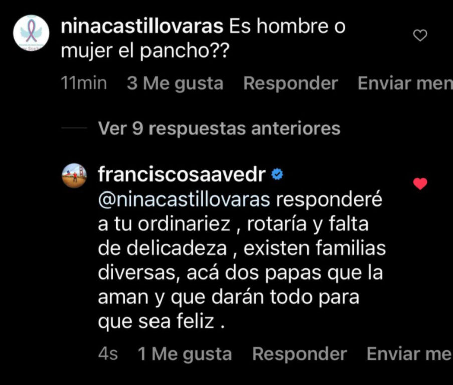 Captura del comentario que recibió Francisco Saavedra en Instagram.