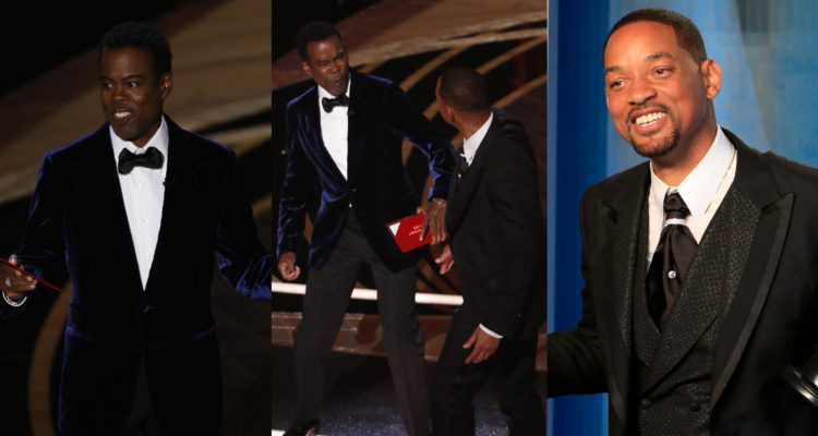 Chris Rock antes y durante el golpe de Will Smith. También hay una foto de Smith sonriendo con su Óscar.