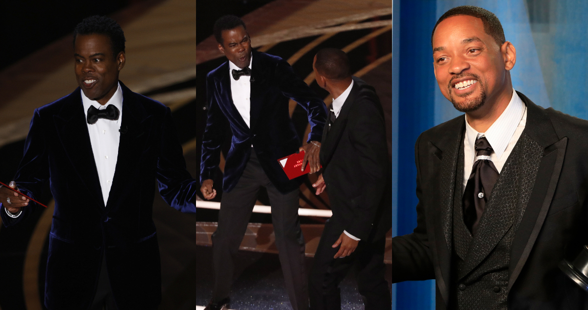 Chris Rock antes y durante el golpe de Will Smith. También hay una foto de Smith sonriendo con su Óscar.