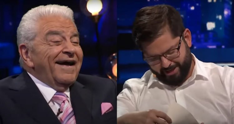 Don Francisco riendo frente a Gabriel Boric, que reconoce no pudo leer la carta escrita por Piñera.