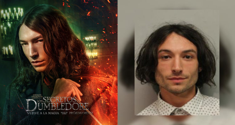 I: póster de Los secretos de Dumbledore | D: foto policial de Ezra Miller por arresto