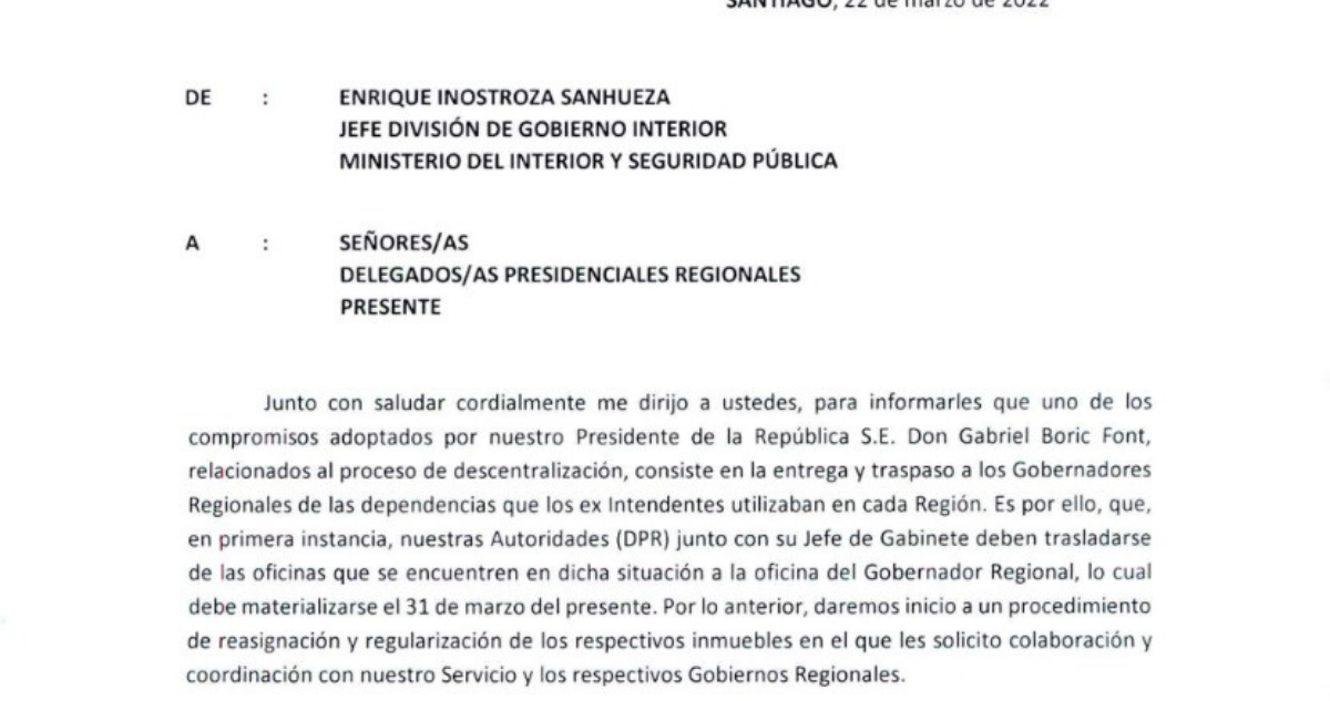 Documento de traspaso de dependencia a gobernadores regionales.