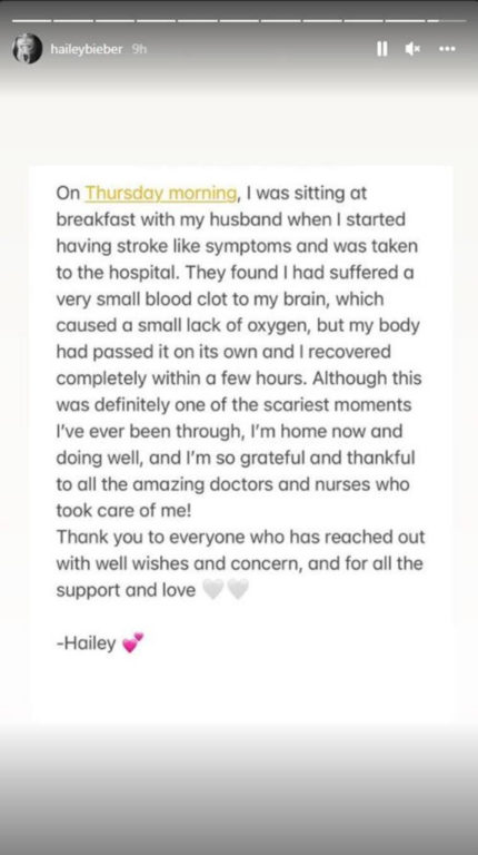 La historia de Instagram compartida por Hailey Bieber explicando su estado de salud.
