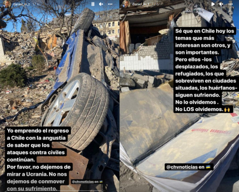 Historias de Daniel Matamala donde anuncia su regreso a Chile junto a fotos de los destrozos de los ataques.