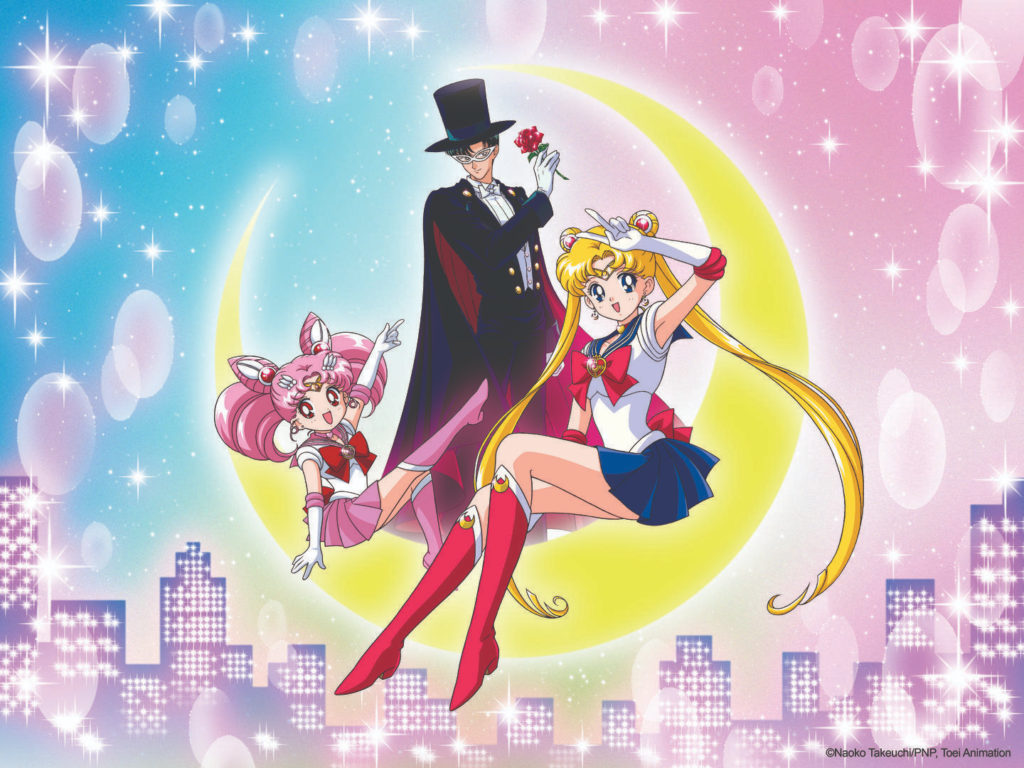 Sailor Moon, Sailor Chibi Moon y Tuxedo Mask