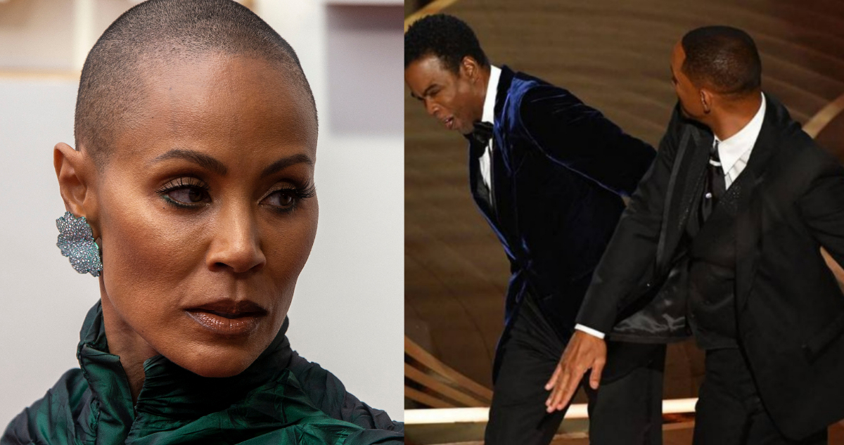 La actriz Jada Pinkett Smith mira seria hacia un costado. A Su lado, una captura del momento en el que Will Smith abofetea a Chris Rock.