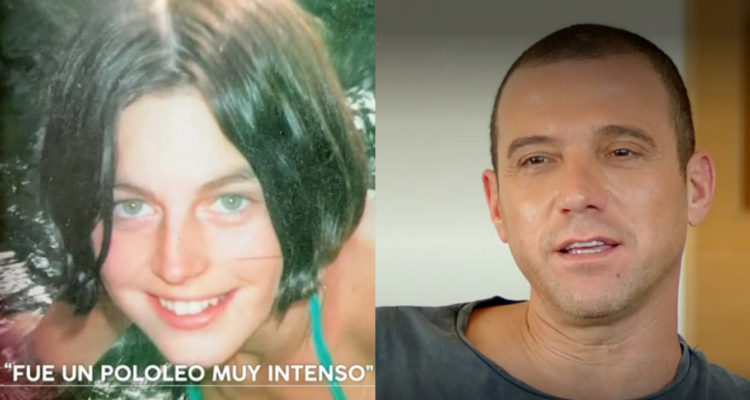 Julian Elfenbein contando la historia de la muerte de su novia en el programa De tú a tú. A su lado una fotografía de como era su pareja entonces.