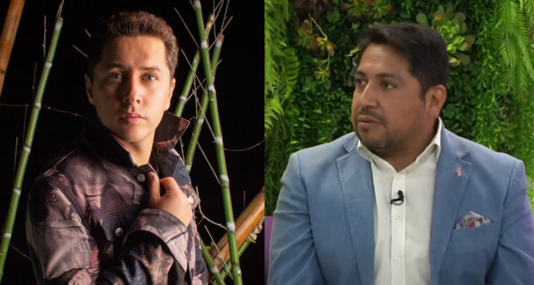 El exanimador Karol Lucero posa para la cámara. A su lado, una foto de Rodrigo Herrera hablando en el programa Más Vivi que Nunca.