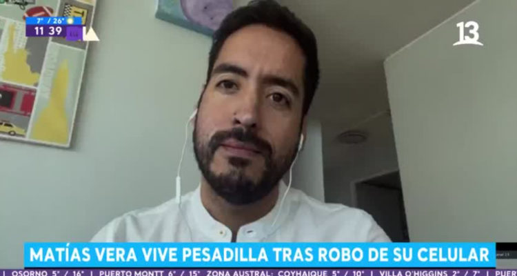 El periodista Matías Vera contando su experiencia tras extorsión en el matinal Tu Día. Aparece serio en la pantalla.