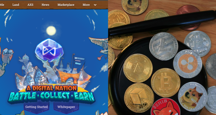 Un pantallazo del sitio web del fuego, junto a fotografía temática de criptomonedas.