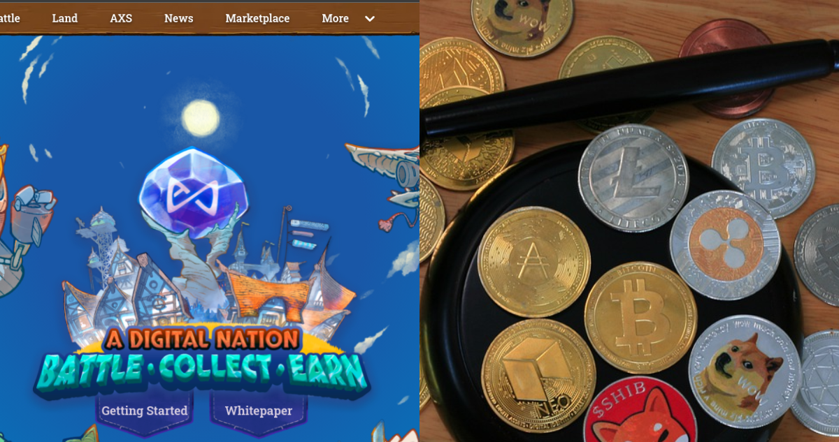 Un pantallazo del sitio web del fuego, junto a fotografía temática de criptomonedas.