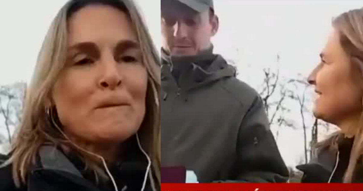 La periodista Paulina de Allende-Salazar en medio de su transmisión desde Ucrania.