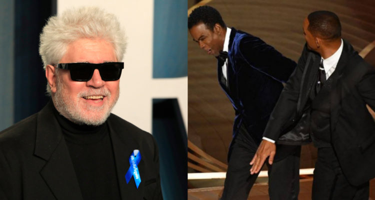 El director Pedro Almodóvar en los Óscar y la imagen del momento en que Will Smith abofetea a Chris Rock.