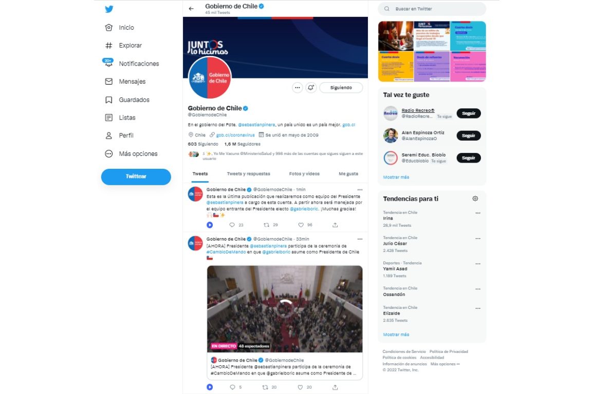 Twitter del Gobierno con Piñera