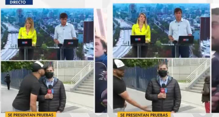 El periodista quieto en su despacho en vivo cuando lo acosan. El profesional fue besado y tocado.