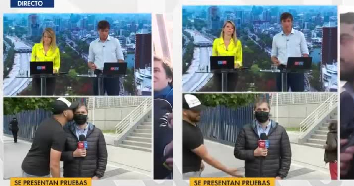 El periodista quieto en su despacho en vivo cuando lo acosan. El profesional fue besado y tocado.