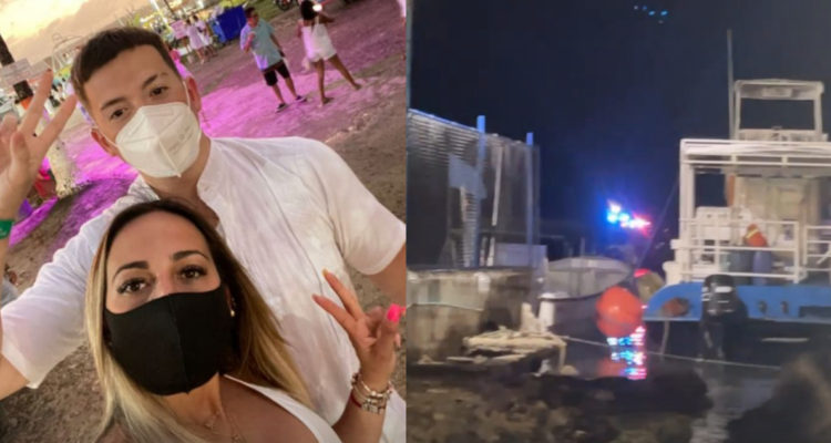 Rebeca Naranjo y su pareja Hernán Nano Calderón. A su lado, una captura del video donde Naranjo muestra los botes alrededor del barco hundido.