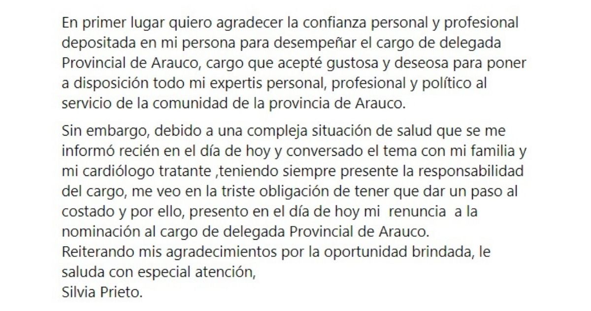 Renuncia de delegada provincial de Arauco