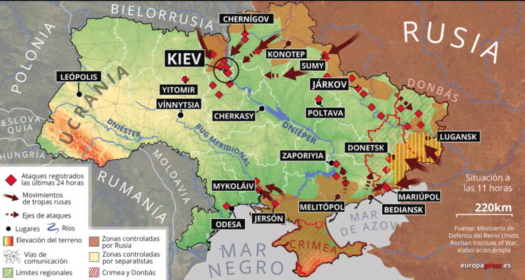 Mapa que retrata el avance de las tropas rusas por Ucrania.