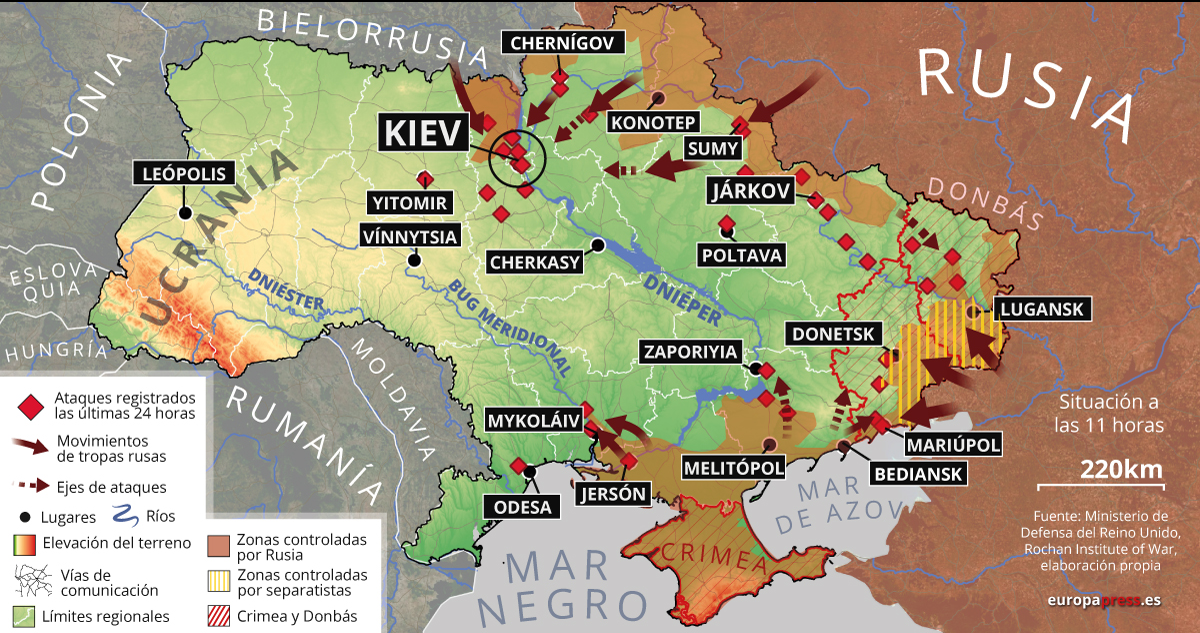 Mapa que retrata el avance de las tropas rusas por Ucrania.