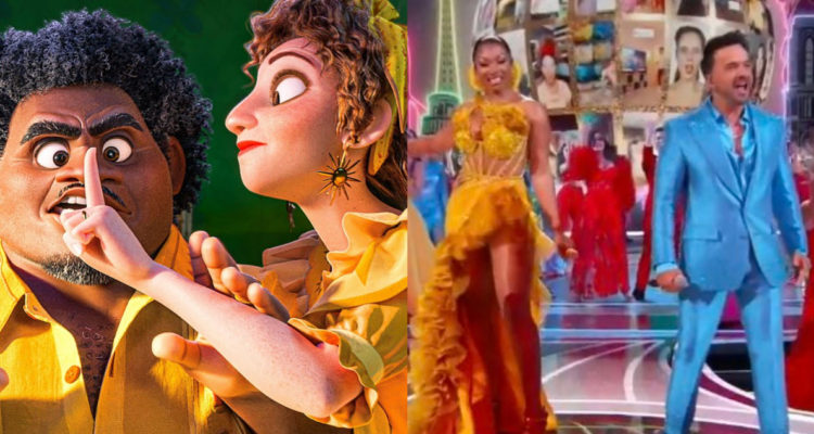 En una imagen, Felix y Pepa Madrigal de Encanto cantando We Don’t Talk About Bruno y en la otra la performance en los Óscar.